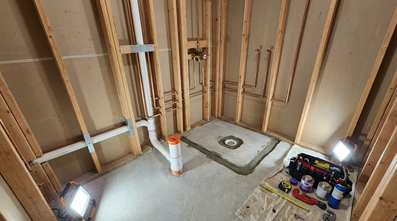 Bathroom rough-in plumbing during remodel by Johns Plumbing LLC in Eaton Rapids