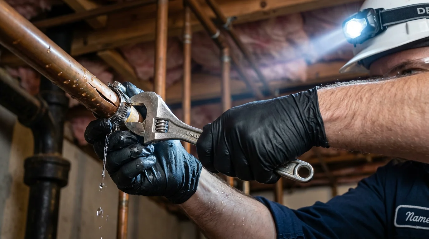 Emergency pipe clamp repair being performed by a Johns Plumbing LLC plumber in Eaton Rapids
