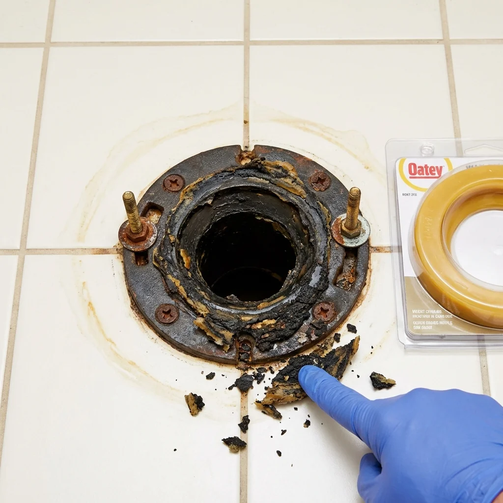 Failed wax ring showing water seepage at the base of a toilet in a Eaton Rapids, MI home